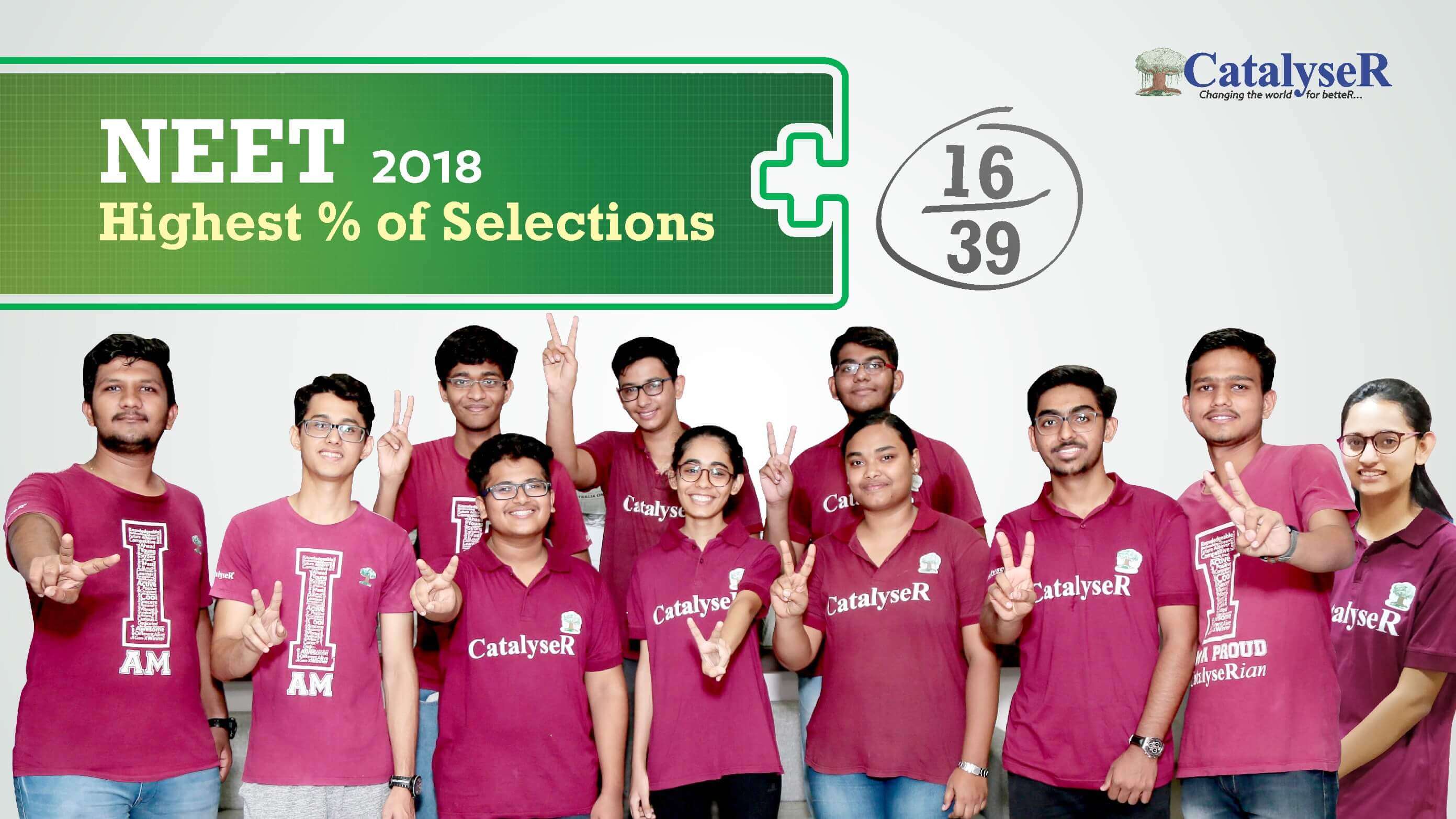 Neet 2018 highest percentage of selection 39 out of 16 at catalyser classes
