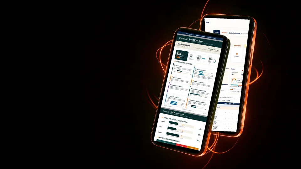 Two phones showing a sample IIT Safalta Test Insights report and the home screen