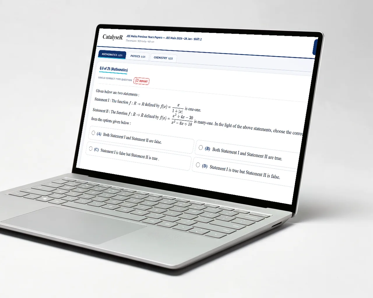 A laptop showing the IIT Safalta exam screen: question 8 of a JEE Main 2026 paper with the timer and question palette