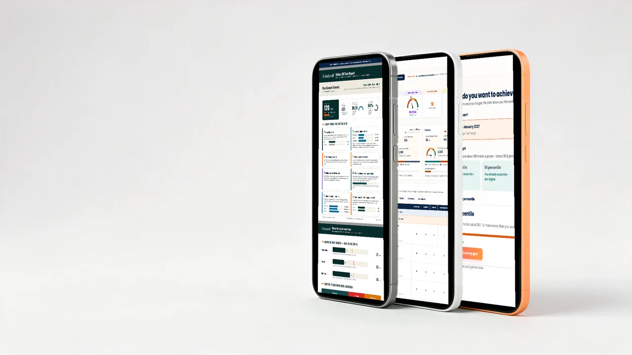 Three phones showing a sample IIT Safalta report, the home screen and the goal screen